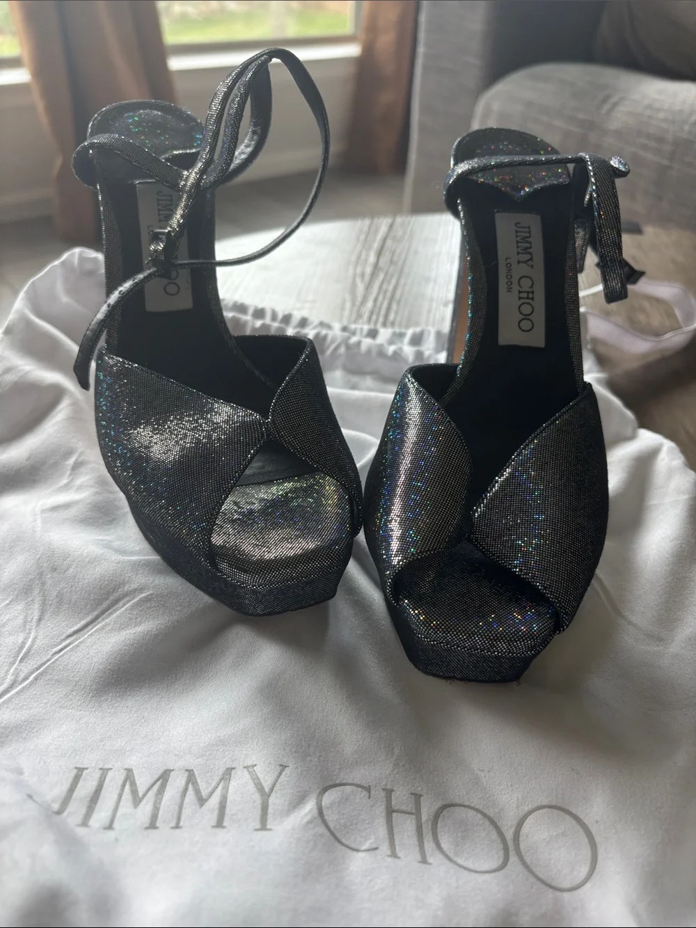 Jimmy Choo Black Holographic Glitter Platform Sandals with Ankle Tie